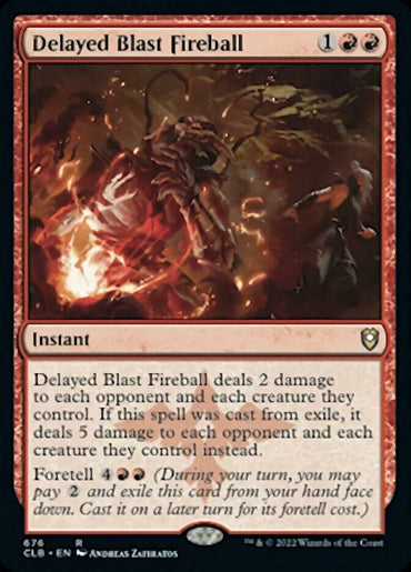 A "Delayed Blast Fireball [Commander Legends: Battle for Baldur's Gate]" Magic: The Gathering card. The artwork showcases a rare, powerful explosion with fiery and magical elements engulfing several creatures. The card text details its ability to deal damage to opponents and their creatures, with increased effect if cast from exile.