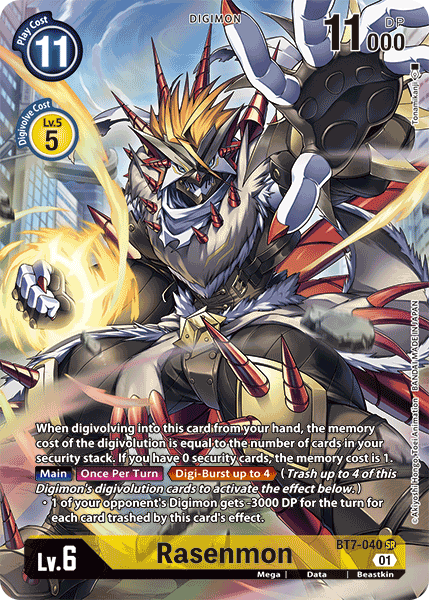 Discover the Super Rare Digimon card, Rasenmon [BT7-040] (Alternate Art) [Next Adventure], featuring a formidable beast-like creature adorned with sharp claws and striking red, gold, and black armor. As a Level 6 Mega with 11,000 DP, it showcases powerful Digi-Burst effects that impact digivolution and your opponent's Digimon. Brought to you by the Digimon brand.