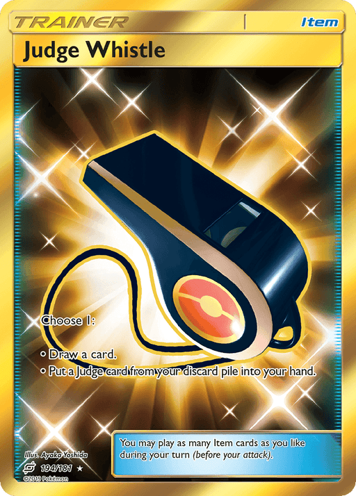 A Secret Rare Pokémon Trainer Item card from the Sun & Moon: Team Up series, "Judge Whistle (194/181) [Sun & Moon: Team Up]," boasts a yellow border and a radiant background. Featuring a black and silver whistle with a yellow and red circular emblem, it emits a golden glow. Choose to draw a card or retrieve a Judge card from the discard pile.