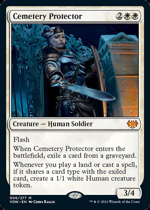 A mythic trading card titled "Cemetery Protector [Innistrad: Crimson Vow]" from Magic: The Gathering. It features a vigilant human soldier in armor, holding a glowing sword. With a mana cost of 2 and 2 white, its abilities include Flash, creating tokens, and exiling graveyard cards. Stats are 3/4.