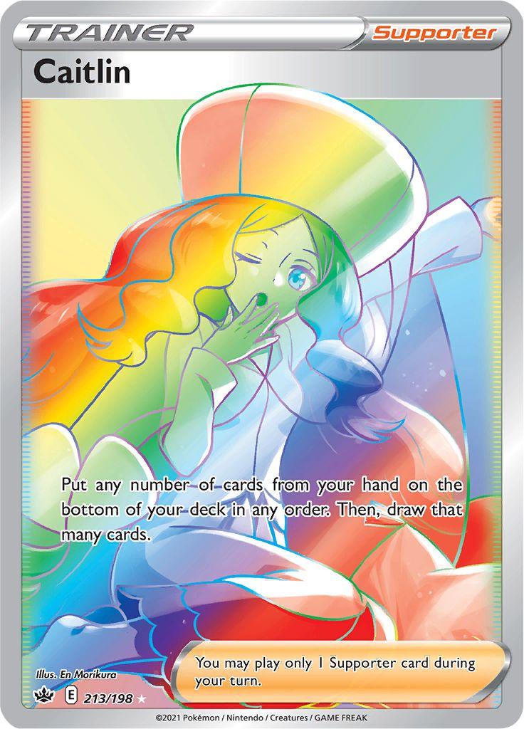 A Pokémon Caitlin (213/198) [Sword & Shield: Chilling Reign] card from Chilling Reign featuring Caitlin, a character with long, rainbow-colored hair, in an elegant white and gold outfit with a golden headdress. The Secret Rare card text reads: 