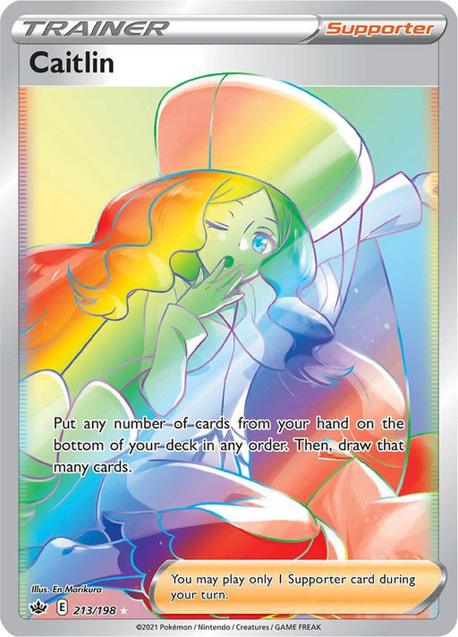 A Pokémon Caitlin (213/198) [Sword & Shield: Chilling Reign] card from Chilling Reign featuring Caitlin, a character with long, rainbow-colored hair, in an elegant white and gold outfit with a golden headdress. The Secret Rare card text reads: "Put any number of cards from your hand on the bottom of your deck in any order. Then, draw that many cards." Illustrator: En Morikura. Card number 213/198
