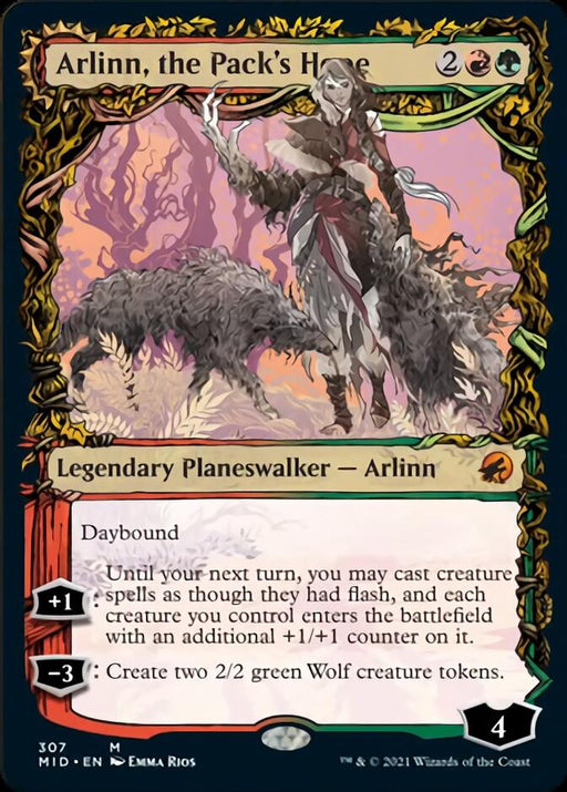 A Magic: The Gathering card titled "Arlinn, the Pack's Hope // Arlinn, the Moon's Fury (Showcase Equinox) [Innistrad: Midnight Hunt]," a Legendary Planeswalker from the Innistrad: Midnight Hunt set. It depicts a female figure with long hair, dressed in red and white clothes, holding a staff while riding a large wolf. The card features a green and gold border and abilities related to casting creature spells and creating Wolf tokens.