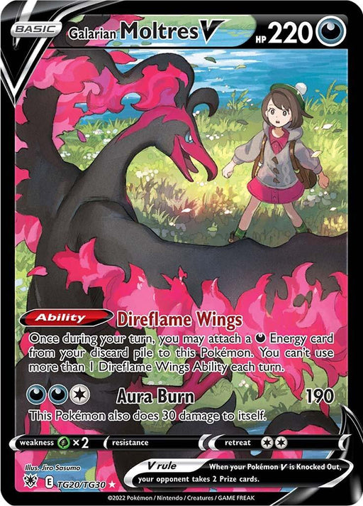 A Pokémon Galarian Moltres V (TG20/TG30) [Sword & Shield: Astral Radiance] trading card featuring 220 HP from the Sword & Shield: Astral Radiance series. The Secret Rare card showcases the dark, colorful figure of Galarian Moltres towering over a girl with a backpack. With abilities "Direflame Wings" and "Aura Burn," it inflicts 30 damage to itself and is weak to Electric-type.