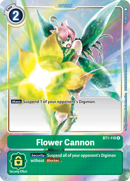 Image of the Flower Cannon [BT1-110] Alternate Art Option Card from the Digimon trading card game Release Special Booster Ver. 1.0. The card showcases a fairy-like character with green wings in a protective stance, wielding a glowing yellow flower. Its main effect is "Suspend 1 of your opponent's Digimon," and its security effect suspends all opposing Digimon without Blocker.