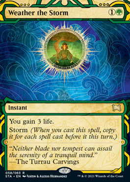 The "Weather the Storm" card from the Mystical Archive of Strixhaven: School of Mages in Magic: The Gathering requires a casting cost of 2 colorless mana and 1 green mana. This Instant card allows you to gain 3 life and features the Storm mechanic for spell copying. Its artwork includes serene, mystical imagery with swirling patterns.