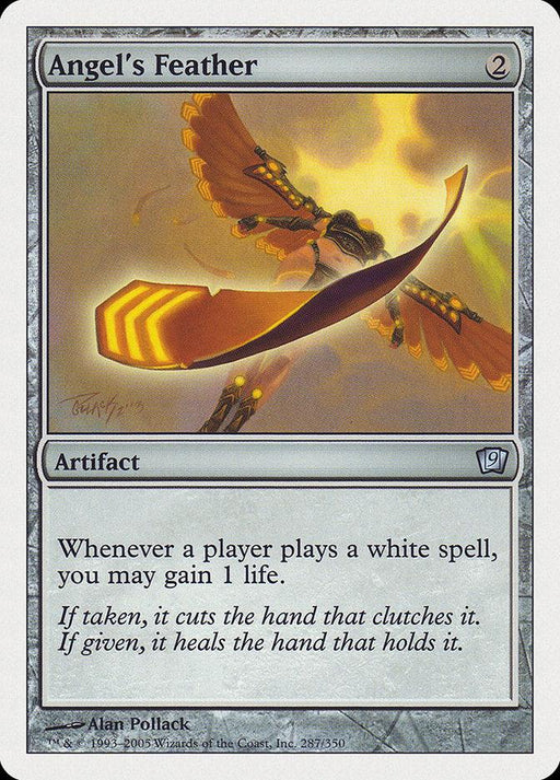 Image of a Magic: The Gathering card titled "Angel's Feather [Ninth Edition]." This Magic: The Gathering artifact card features an illustration of an angel holding a glowing, golden feather. The card text reads: "Whenever a player plays a white spell, you may gain 1 life." Below is flavor text about the feather’s healing power.
