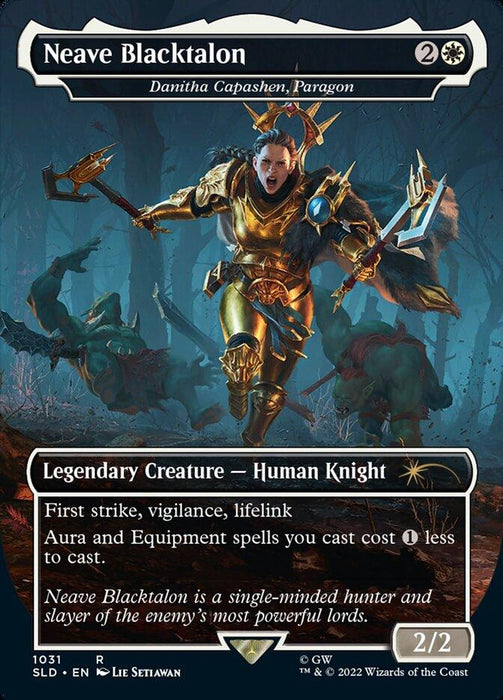 Neave Blacktalon - Danitha Capashen, Paragon (Borderless) [Secret Lair Drop Series], a Legendary Creature in Magic: The Gathering, features a Human Knight with golden armor and weaponry, charging forward from the woods. Text reads, “First strike, vigilance, lifelink. Aura and Equipment spells you cast cost 1 less to cast.” Power/toughness of 2/2 is shown. Art by Lie Setiawan.