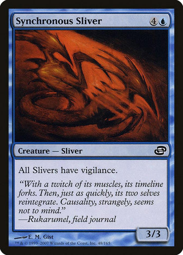 The Magic: The Gathering card "Synchronous Sliver" from Planar Chaos costs 4 generic and 1 blue mana, showcasing a striking reddish-orange creature with sharp features that grants vigilance to all Slivers. With a power and toughness of 3/3, it bolsters your deck's strategic potential.