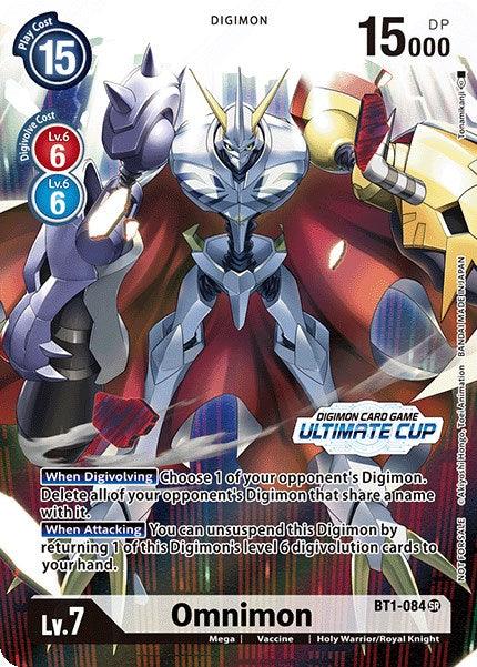 An Omnimon [BT1-084] (April Ultimate Cup 2022) card from the Release Special Booster Promos in the Digimon Card Game, featuring a powerful Royal Knight Digimon with a white, humanoid body and a large shield. The card has a play cost of 15, boasts 15,000 DP, and includes evolution costs outlined alongside gameplay instructions and stats.