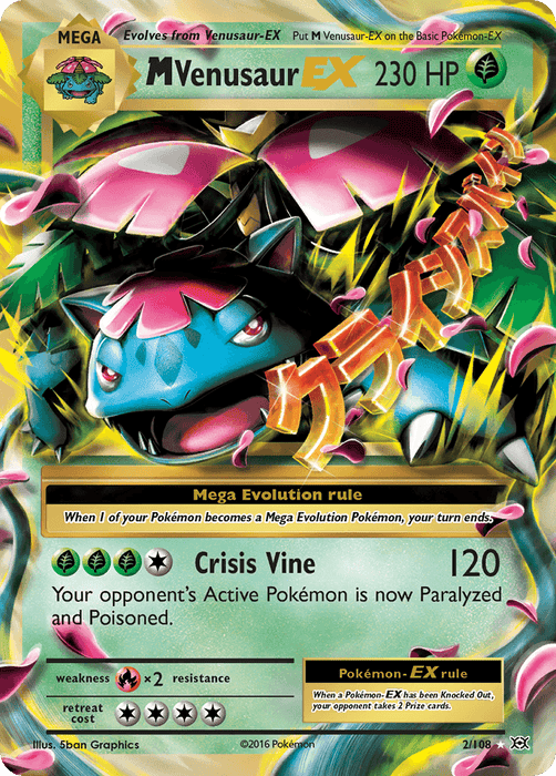 A Pokémon trading card featuring the Ultra Rare M Venusaur EX (2/108) [XY: Evolutions] with 230 HP from the XY: Evolutions set. The card shows an illustrated Mega Venusaur with a large pink flower on its back and green foliage. It includes details of its Grass-type attack, "Crisis Vine," which deals 120 damage and paralyzes and poisons the opponent's Active Pokémon.