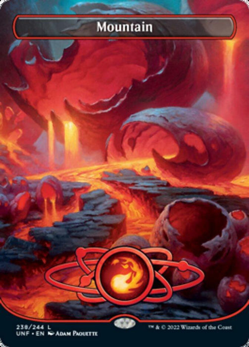 A vibrant trading card illustration titled "Mountain (238) (Planetary Space-ic Land)" from the Unfinity set by Magic: The Gathering features a volcanic landscape. The scene depicts a flowing river of lava amidst mountainous terrain, with red and orange tones dominating the image. Several rocky formations and molten craters are scattered throughout this Basic Land card.