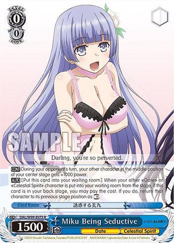 A rare trading card from Date A Live Vol.2 titled "Miku Being Seductive [Date A Live Vol.2]" by Bushiroad, featuring an animated female character with long, purple hair and blue eyes. The character wears a black and pink bikini top. The card includes stats such as level 0, power 1500, and the trait "Celestial Spirit." Text details the card's abilities and effects.