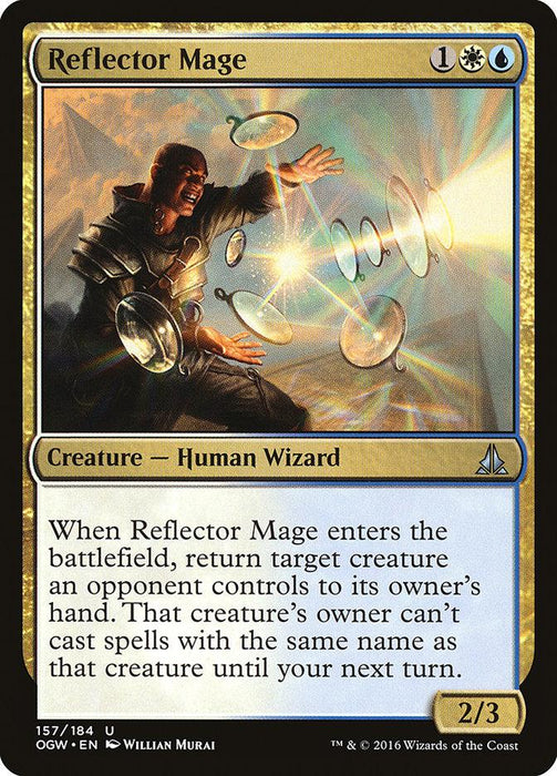 A Magic: The Gathering card titled "Reflector Mage [Oath of the Gatewatch]" from Magic: The Gathering. It costs 1 white, 1 blue, and 1 colorless mana. The card depicts a Human Wizard in armor casting a glowing spell of white orbs and light reflections. The creature has a power/toughness of 2/3.