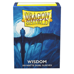 Image of an Arcane Tinmen Dragon Shield: Standard 100ct Sleeves - Wisdom (Dual Matte) box. The box features an illustration of a dragon in flight against a blue, moonlit sky. The logo "Dragon Shield" is prominently displayed at the top. Below the image, the text reads "WISDOM 100 Fully Opaque Dual Matte Sleeves" for TCGs.