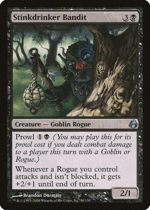 An illustrated creature card titled "Stinkdrinker Bandit [Morningtide]" from Magic: The Gathering. It features a Goblin Rogue holding a spiked club and a sack, hiding behind a tree. The card details its abilities including cost, power/toughness (2/1), and special conditions for play, indicated in both text and symbols.