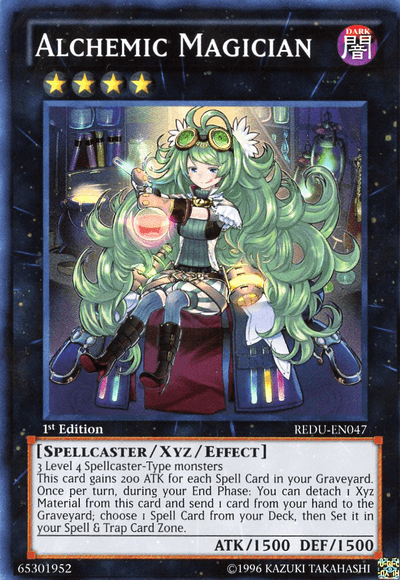 A Yu-Gi-Oh! trading card titled "Alchemic Magician [REDU-EN047] Super Rare." This Xyz/Effect Monster showcases a green-haired, female spellcaster with glasses in a green and white ensemble. With ATK: 1500 and DEF: 1500, its description details its abilities and requirements for gameplay. Featured in Return of the Duelist expansion.