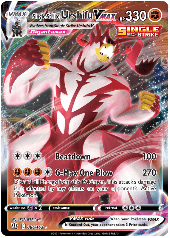 A Pokémon Single Strike Urshifu VMAX (086/163) (Jumbo Card) [Sword & Shield: Battle Styles] from the Sword & Shield: Battle Styles series featuring Single Strike Urshifu VMAX with 330 HP. This Ultra Rare card displays a powerful, muscular bear-like Pokémon with red and white fur, striking a dynamic pose. It has two attacks: 