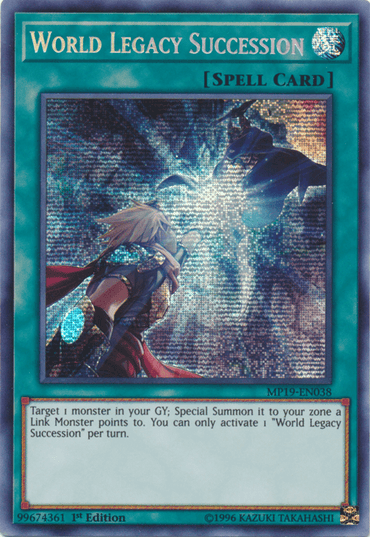 The image depicts a trading card from the Yu-Gi-Oh! Mega Pack titled "World Legacy Succession [MP19-EN038] Prismatic Secret Rare." This Spell Card features fantasy art of a knight in armor reaching towards a glowing blue circle with a mystical figure inside. The card text describes its effect, which allows special summoning from the GY.