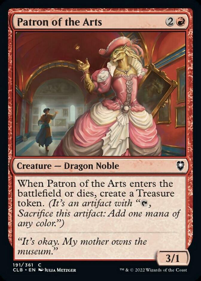 A Magic: The Gathering card from Commander Legends: Battle for Baldur's Gate named Patron of the Arts [Commander Legends: Battle for Baldur's Gate]. This Creature — Dragon Noble is adorned in a pink dress, white hat, and gloves, clutching a paint palette. It has abilities linked to creating a Treasure token when it enters or dies.