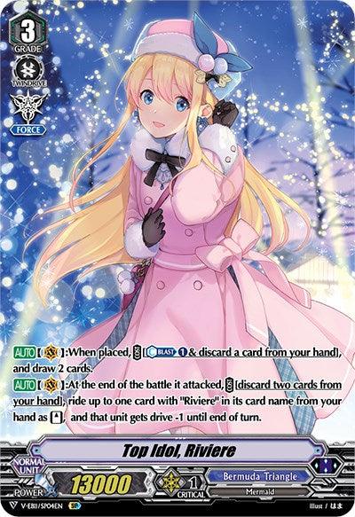 A trading card named "Top Idol, Riviere (V-EB11/SP04EN) [Crystal Melody]" from Bushiroad's Cardfight!! Vanguard game. This Grade 3 unit depicts a mermaid from the Bermuda Triangle clan with long blonde hair, dressed in a pink winter-themed outfit and hat, standing in a snowy landscape. The card boasts attributes including 13000 power, 1 critical, and a FORCE marker.