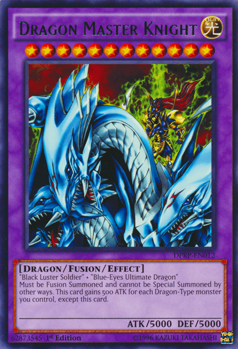 A Yu-Gi-Oh! trading card titled "Dragon Master Knight [DPRP-EN012] Rare" features a formidable dragon with blue and silver scales. The creature, summoned by fusing Black Luster Soldier and Blue-Eyes Ultimate Dragon, has multiple heads, wings, and claws, exuding immense power. This Fusion/Effect Monster boasts high stats: ATK/5000 and DEF/5000.