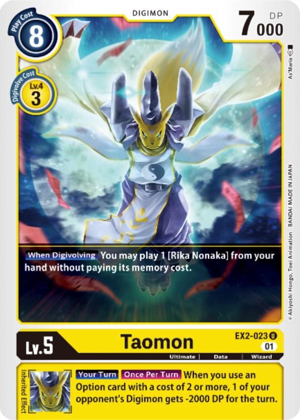 The image showcases the Taomon [EX2-023] [Digital Hazard] card from Digimon, depicting a wizard-like fox adorned with a flowing robe and a yin-yang symbol on its chest. Set against a cloudy sky, this card features an 8 play cost and 7000 DP, with effects highlighted in two purple panels.