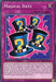 A Yu-Gi-Oh! trading card titled "Magical Hats [SBCB-EN017] Common" from the Speed Duel: Battle City Box. The card features an illustration of three blue and black checkered top hats with yellow question marks on each. The pink background showcases a vibrant, explosive design. This Normal Trap card is of Common Rarity with detailed effects written below.