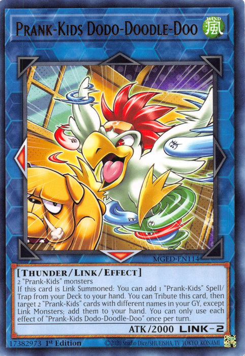 The image shows the "Prank-Kids Dodo-Doodle-Doo [MGED-EN114] Rare" Yu-Gi-Oh! trading card. The artwork features a colorful, cartoonish bird with a green body and a red plumed head. The bird holds a yellow shield with a star emblem. The card text describes its abilities and Link Summoning requirements.
