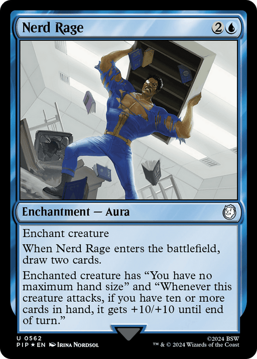 A Magic: The Gathering card titled "Nerd Rage (Surge Foil) [Fallout]." It features a muscled figure in nerd attire, furiously ripping a keyboard apart amid digital fallout. Below, the card details read: Enchantment – Aura, costs 2U, Enchants a creature, draw two cards when it enters the battlefield. Enhanced creature gains "no maximum hand size" and other effects.