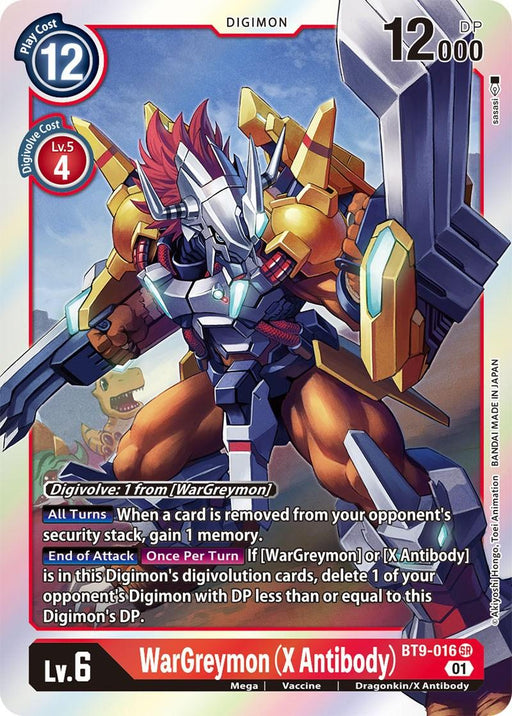An illustrated card from the Digimon trading card game featuring **WarGreymon (X Antibody) [BT9-016] [X Record]**. The blue and white design showcases its stats: Level 6, Play cost 12, Digivolve cost of 4 from Level 5, and 12000 DP. The text details its abilities and effects. The card ID is BT9-016.