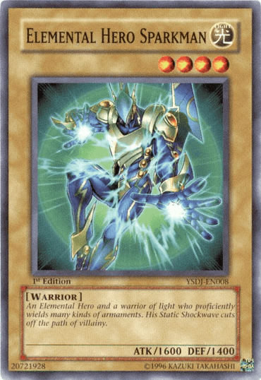 The "Elemental HERO Sparkman [YSDJ-EN008] Common" Yu-Gi-Oh! card depicts a futuristic humanoid hero with blue and gold armor, glowing with electricity. He is holding orbs of electricity in his hands, reminiscent of Jaden Yuki's Shining Surge Flash. The card details his ATK as 1600 and DEF as 1400, with additional descriptive text below the image.