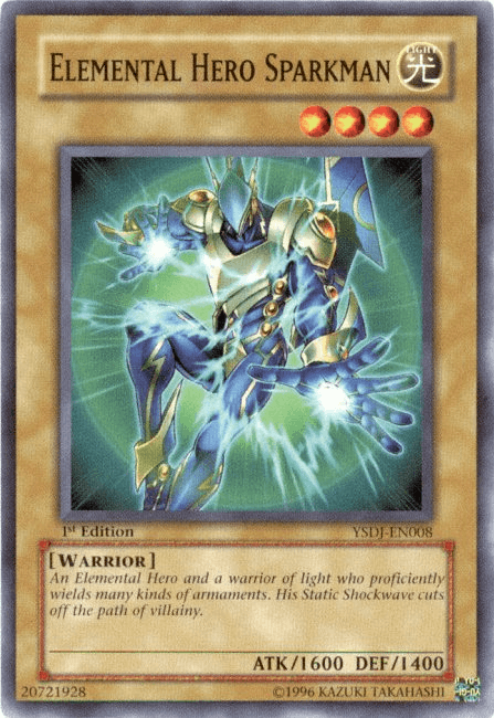 The "Elemental HERO Sparkman [YSDJ-EN008] Common" Yu-Gi-Oh! card depicts a futuristic humanoid hero with blue and gold armor, glowing with electricity. He is holding orbs of electricity in his hands, reminiscent of Jaden Yuki's Shining Surge Flash. The card details his ATK as 1600 and DEF as 1400, with additional descriptive text below the image.