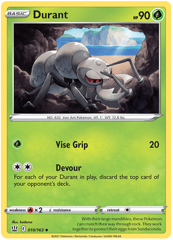 A Pokémon card featuring Durant (010/163) [Sword & Shield: Battle Styles], a silver metallic ant-like creature with a serious expression. With 90 HP and classified as an Uncommon rarity from Sword & Shield: Battle Styles, the Basic type card showcases fighting and metal energy symbols, “Vise Grip” and “Devour” moves, along with the artist's name and copyright details.