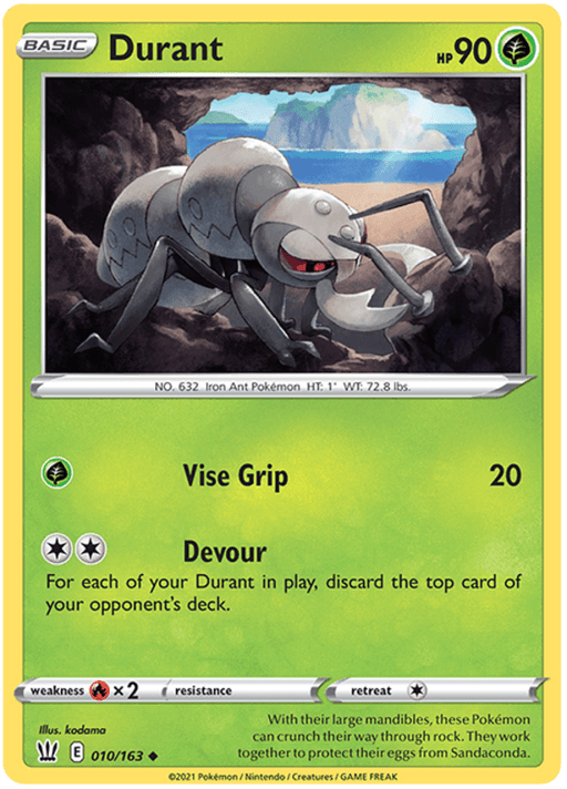 A Pokémon card featuring Durant (010/163) [Sword & Shield: Battle Styles], a silver metallic ant-like creature with a serious expression. With 90 HP and classified as an Uncommon rarity from Sword & Shield: Battle Styles, the Basic type card showcases fighting and metal energy symbols, “Vise Grip” and “Devour” moves, along with the artist's name and copyright details.