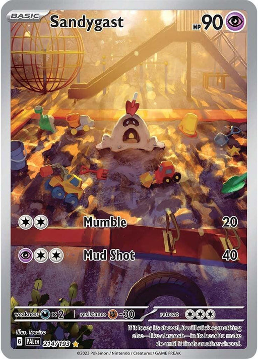 A Pokémon trading card featuring Sandygast (214/193) [Scarlet & Violet: Paldea Evolved], a small sandcastle-like Pokémon with a shovel on its head. The colorful beach background, scattered with toys, enhances its charm. As an Illustration Rare from the Scarlet & Violet: Paldea Evolved set, Sandygast has 90 HP and knows the moves "Mumble" and "Mud Shot.