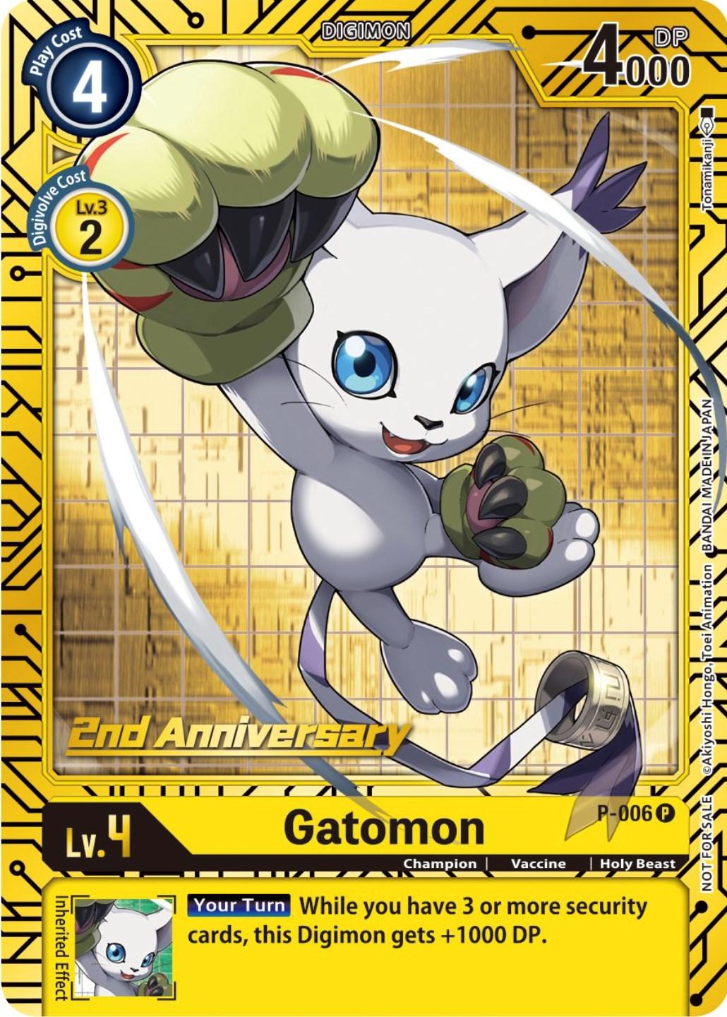 A promotional Digimon trading card featuring Gatomon [P-006] (2nd Anniversary Card Set) [Promotional Cards], a white, cat-like creature with large green and purple gloves. The card boasts a yellow theme for the 2nd anniversary. Gatomon is level 4 with 4000 DP. The lower text box reveals the effect: 