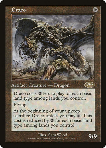 Detailed image of the rare "Draco [Planeshift]" Magic: The Gathering card. It's an Artifact Creature-Dragon with a cost of 16 mana and stats 9/9. Text reads it costs 2 less for each basic land type, has flying, and requires paying 10 mana or sacrificing it at upkeep. Card art by Sam Wood shows a metallic dragon.