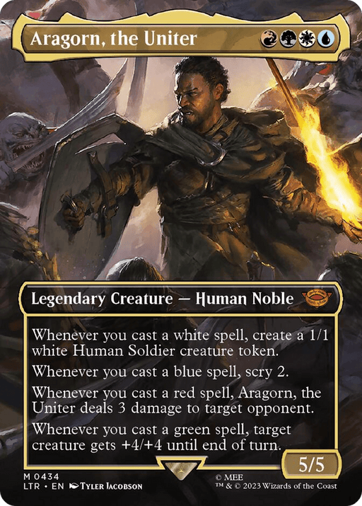 A Magic: The Gathering card titled "Aragorn, the Uniter (Borderless Alternate Art) [The Lord of the Rings: Tales of Middle-Earth]" from *The Lord of the Rings: Tales of Middle-Earth* collection. The card depicts a strong, armored man holding a sword with flames in the background. With abilities triggered by casting spells of white, blue, red, and green, it is a Legendary Creature - Human Noble with 5/5 power/t