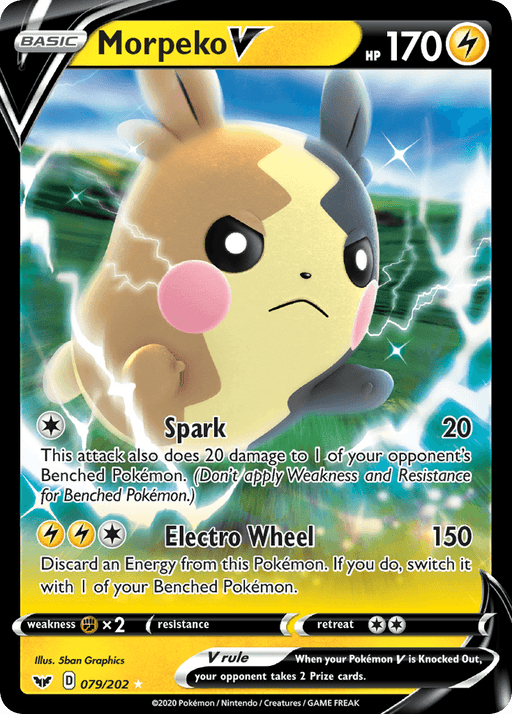 A Morpeko V (079/202) [Sword & Shield: Base Set] Pokémon card from the Pokémon series. The card depicts Morpeko, a small rodent-like Pokémon with an angry expression, against a yellow background. With 170 HP and moves Spark and Electro Wheel, this Ultra Rare card's rarity is marked by a black star.