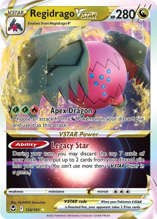 A Pokémon trading card featuring Regidrago VSTAR (136/195) [Sword & Shield: Silver Tempest] with 280 HP. It is a Dragon-type Pokémon adorned in green and black with piercing red eyes. This Ultra Rare card from the Silver Tempest set showcases its Apex Dragon attack and the formidable VSTAR Power, Legacy Star, for card manipulation.