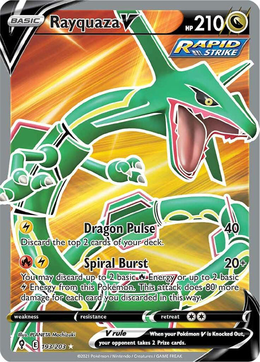 A Pokémon Rayquaza V (193/203) [Sword & Shield: Evolving Skies] trading card for Rayquaza V with 210 HP, featured in the Evolving Skies set. Classified as a Basic, Rapid Strike card, Rayquaza is depicted mid-flight against a fiery background. The card includes two attacks: Dragon Pulse (40) and Spiral Burst (20+), with details about energy requirements and weaknesses highlighted.