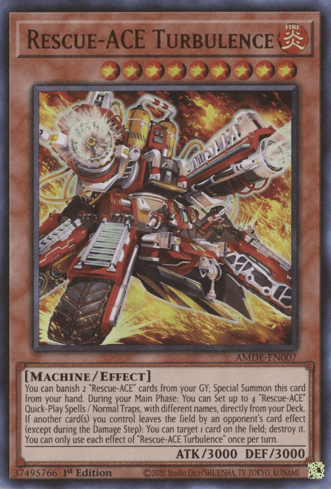 A Yu-Gi-Oh! card titled "Rescue-ACE Turbulence [AMDE-EN007] Ultra Rare," an Effect Monster featuring a red and gold mechanical humanoid with various weapons, including rockets. Attributes: FIRE, Machine/Effect. Stats: ATK 3000, DEF 3000. Its effect involves summoning and setting up "Rescue-ACE" cards.