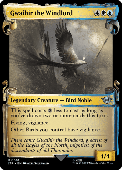 A Magic: The Gathering card featuring "Gwaihir the Windlord [The Lord of the Rings: Tales of Middle-Earth Showcase Scrolls]," a Legendary Creature - Bird Noble from Middle-Earth. With a casting cost of 4 generic, 1 white, and 1 blue mana, it showcases a bird in flight with outstretched wings. The card boasts "Flying, vigilance," and a cost reduction ability inspired by The Lord of the Rings.