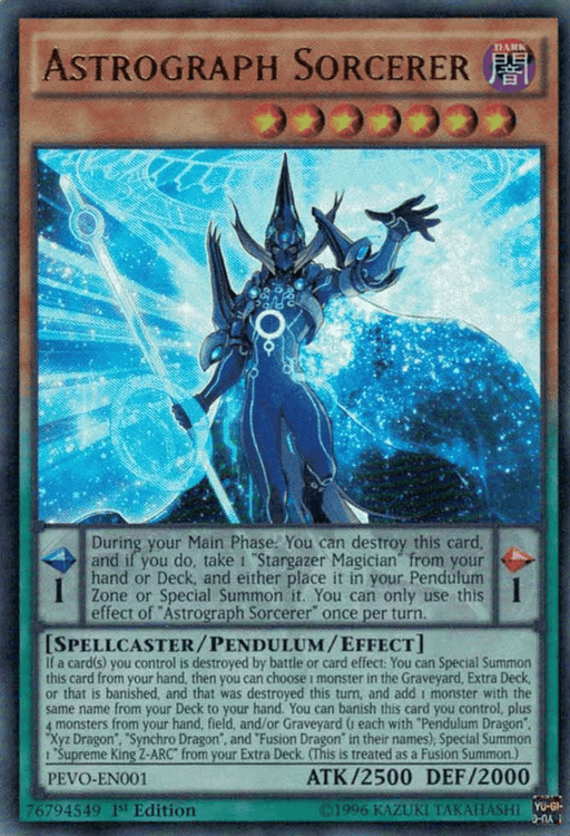 Image of a Yu-Gi-Oh! trading card titled "Astrograph Sorcerer [PEVO-EN001] Ultra Rare." This Ultra Rare card features detailed artwork of a mystical sorcerer with a dark, star-filled cloak and a staff, standing against a cosmic background. Part of the Pendulum Evolution set, it has the attributes: Type - Spellcaster/Pendulum/Effect, ATK - 2500.