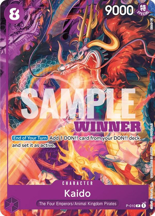 A vibrant trading card featuring "Kaido (P-010) (Winner Pack Vol. 1)" from the Bandai One Piece Promotion Cards collection. Kaido, a fierce dragon with red scales and a menacing expression, dominates the center. The character's power stats "9000" and "8" DON!! are prominently displayed. Text overlays include "SAMPLE" and "WINNER.