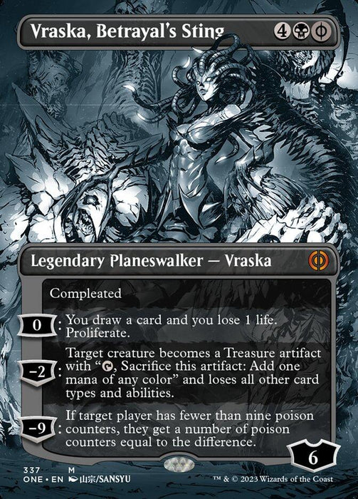 A Magic: The Gathering card featuring "Vraska, Betrayal's Sting (Borderless Manga) [Phyrexia: All Will Be One]" depicts a green-skinned, humanoid with tentacles, an elaborate headdress, and glowing eyes. This mythic Legendary Planeswalker has abilities like drawing cards, turning creatures into treasures, and giving poison counters. It costs 4 black mana and 2 colorless.