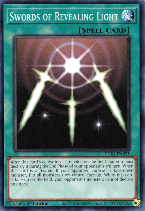 A "Swords of Revealing Light [EGS1-EN021] Common" Yu-Gi-Oh! Normal Spell card with a blue-green border and text box. The card features glowing swords of light forming a circle with a radiant white starburst at the center. Ideal for an Egyptian God Deck, the description and serial number are visible at the bottom.