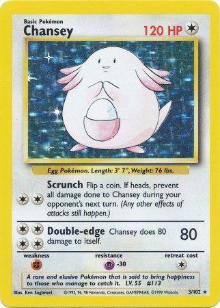 A Chansey (3/102) [Base Set Unlimited] from Pokémon featuring Chansey with 120 HP. The Holo Rare card has a yellow border and an illustration of Chansey holding an egg. It has two attacks: Scrunch and Double-edge. The Colorless card's weaknesses include fighting, it resists psychic, and is labeled as card number 3/102.