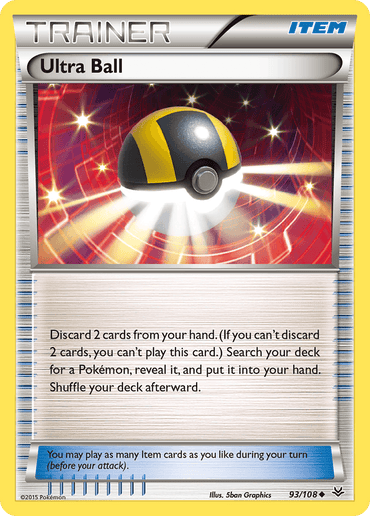 The image is of an Uncommon Pokémon trading card called "Ultra Ball (93/108) [XY: Roaring Skies]" from the Pokémon brand. The card shows a black and yellow Poké Ball emitting a bright, radiant light. As a "Trainer" and "Item" card, it allows players to discard 2 cards to search their deck for a Pokémon, reveal it, and put it into their hand.